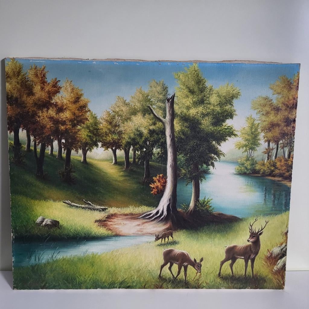 Prachtig oud landschap schilderij met herten, gesigneerd, Antiek en Kunst, Kunst | Schilderijen | Klassiek, Ophalen