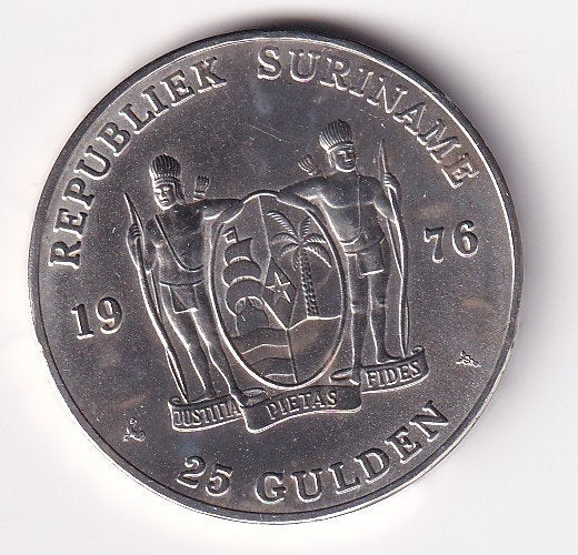 Suriname 25 Gulden 1976 Zeer Fraai met Patina, Koningin Juliana, Verzenden, Zilver, Overige waardes
