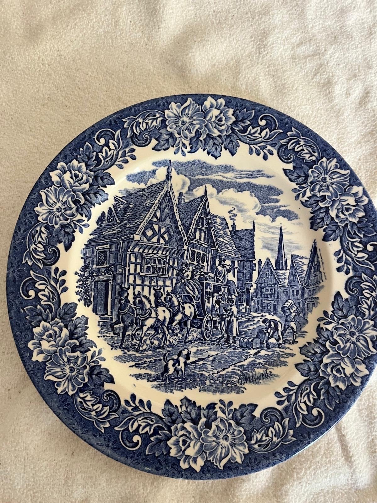 Vintage Blauw-Wit Decoratief Bord - Engelse Scène, Ophalen
