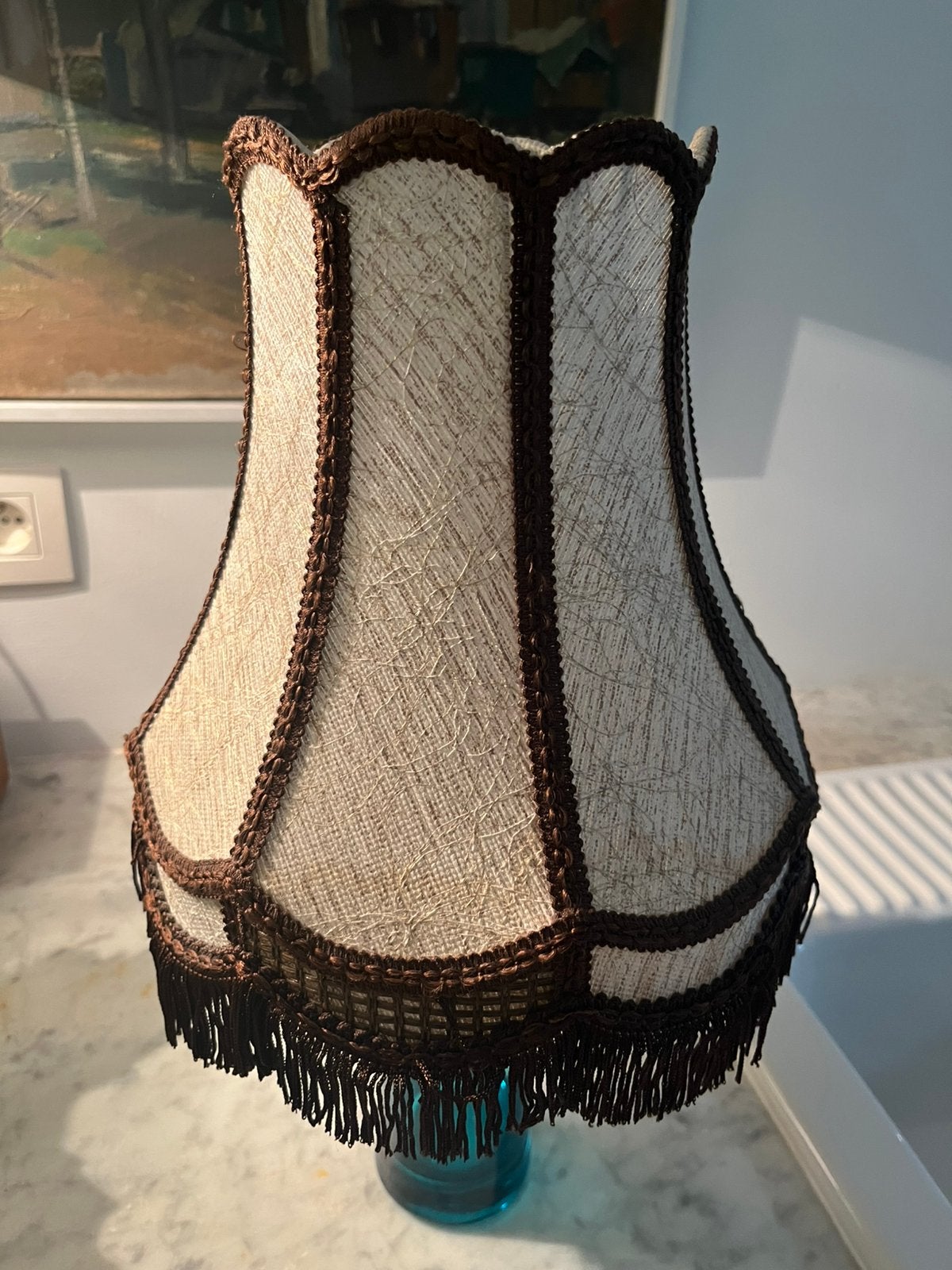 VINTAGE RETRO LAMPENKAP BEIGE/BRUIN FRANJES LAMP, Ophalen of Verzenden, Zo goed als nieuw, Beige, Rechthoekig