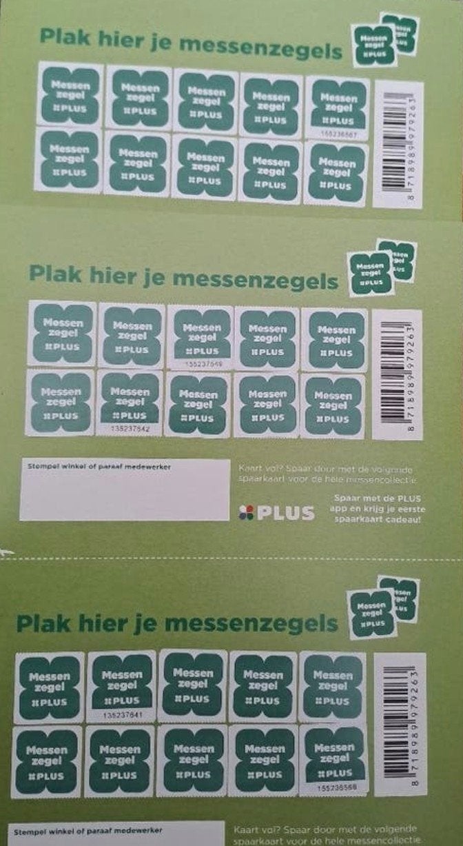 32 PLUS Messenzegels - Spaar voor messencollectie, Verzamelen, Supermarktacties, Ophalen of Verzenden