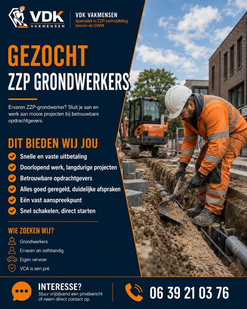 Gezocht: ervaren ZZP-grondwerkers | Regio Utrecht, 33 - 40 uur, Overige niveaus, Freelance of Uitzendbasis