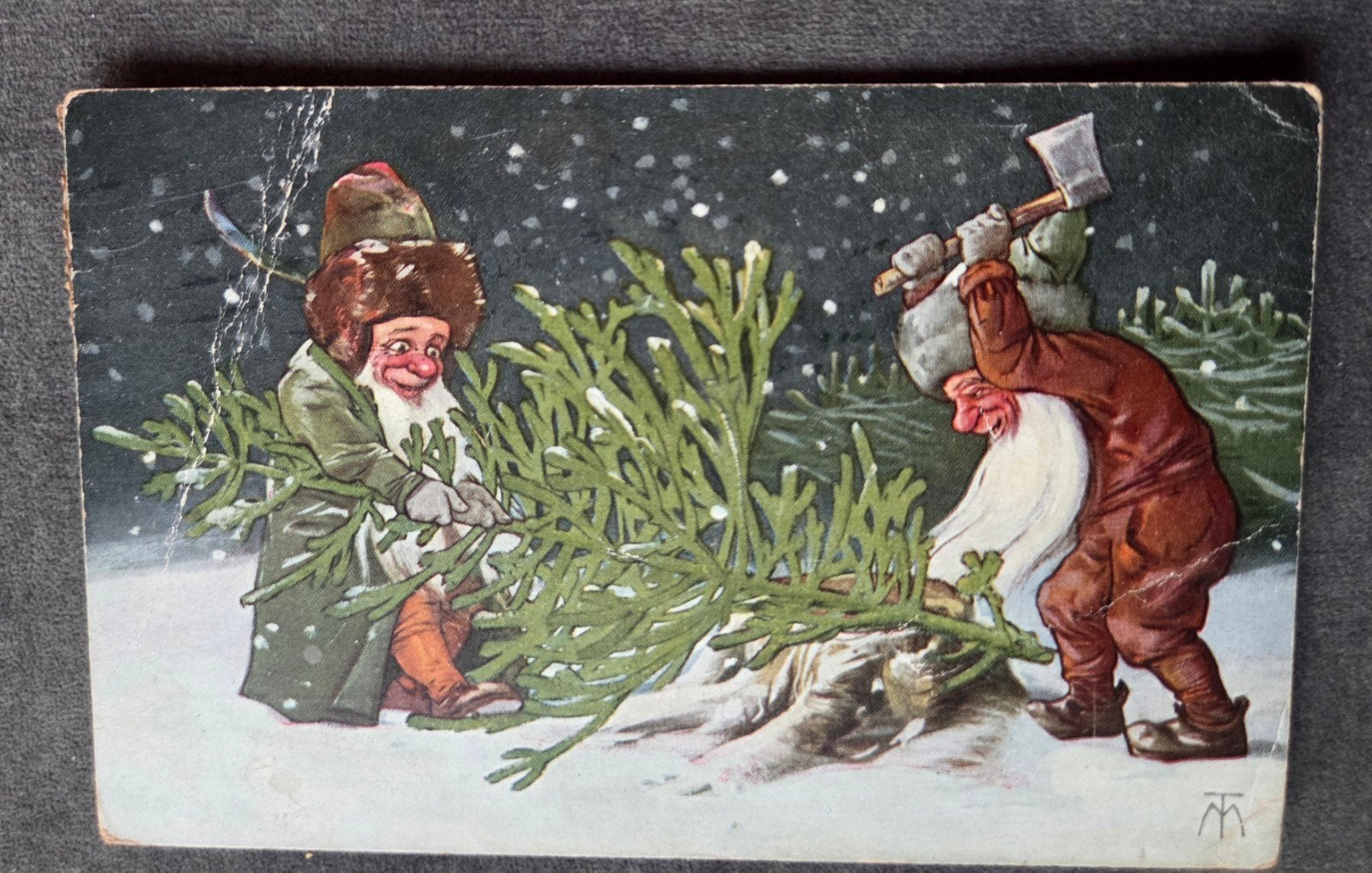 Antieke Kerstkaart: Kabouters Hakken Kerstboom (1913), Verzenden, Voor 1920, Gelopen, Feest(dag)