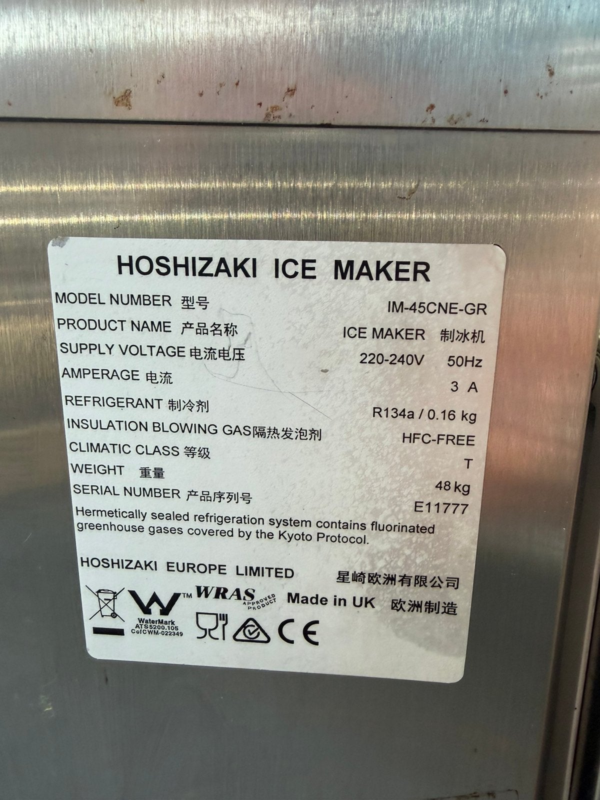 Hoshizaki ijsblokjesmachine 46kg 24h im-45CNE -GR, Ophalen, Zo goed als nieuw