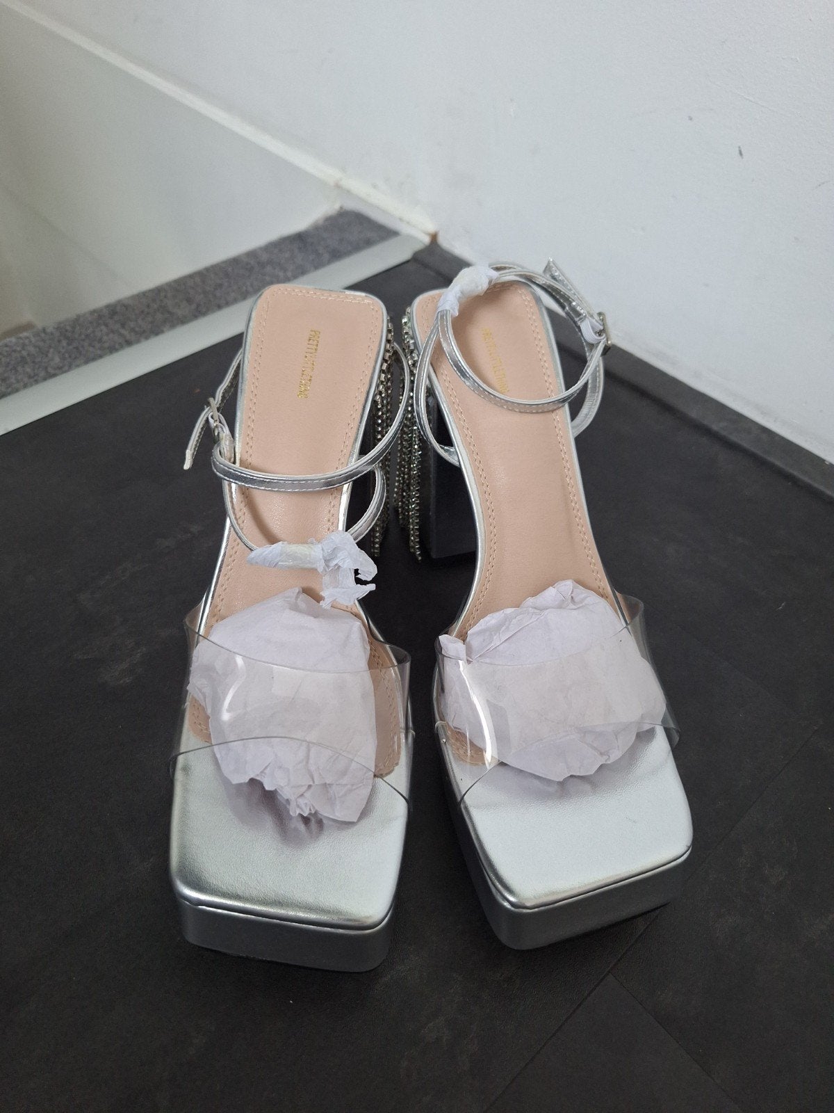 Zilveren sandalen met hak en strass franjes, maat 39, Ophalen of Verzenden