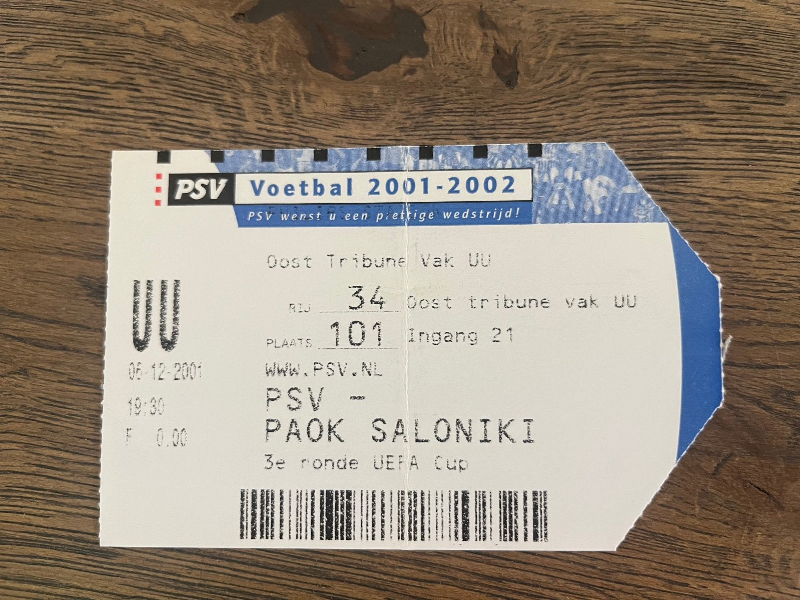 TICKET PSV-PAOK UEFA CUP 01-02, Verzamelen, Ophalen of Verzenden, Gebruikt, PSV, Overige typen