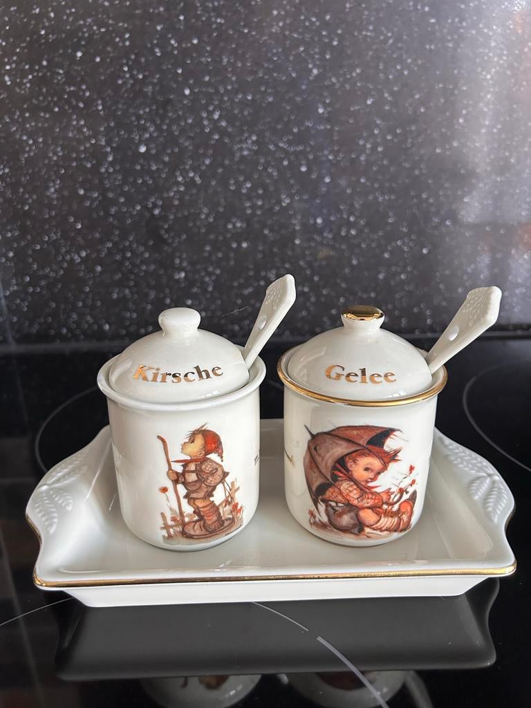 Prachtige Hummel/Goebel jampotjes tafelset met lepeltjes, Ophalen