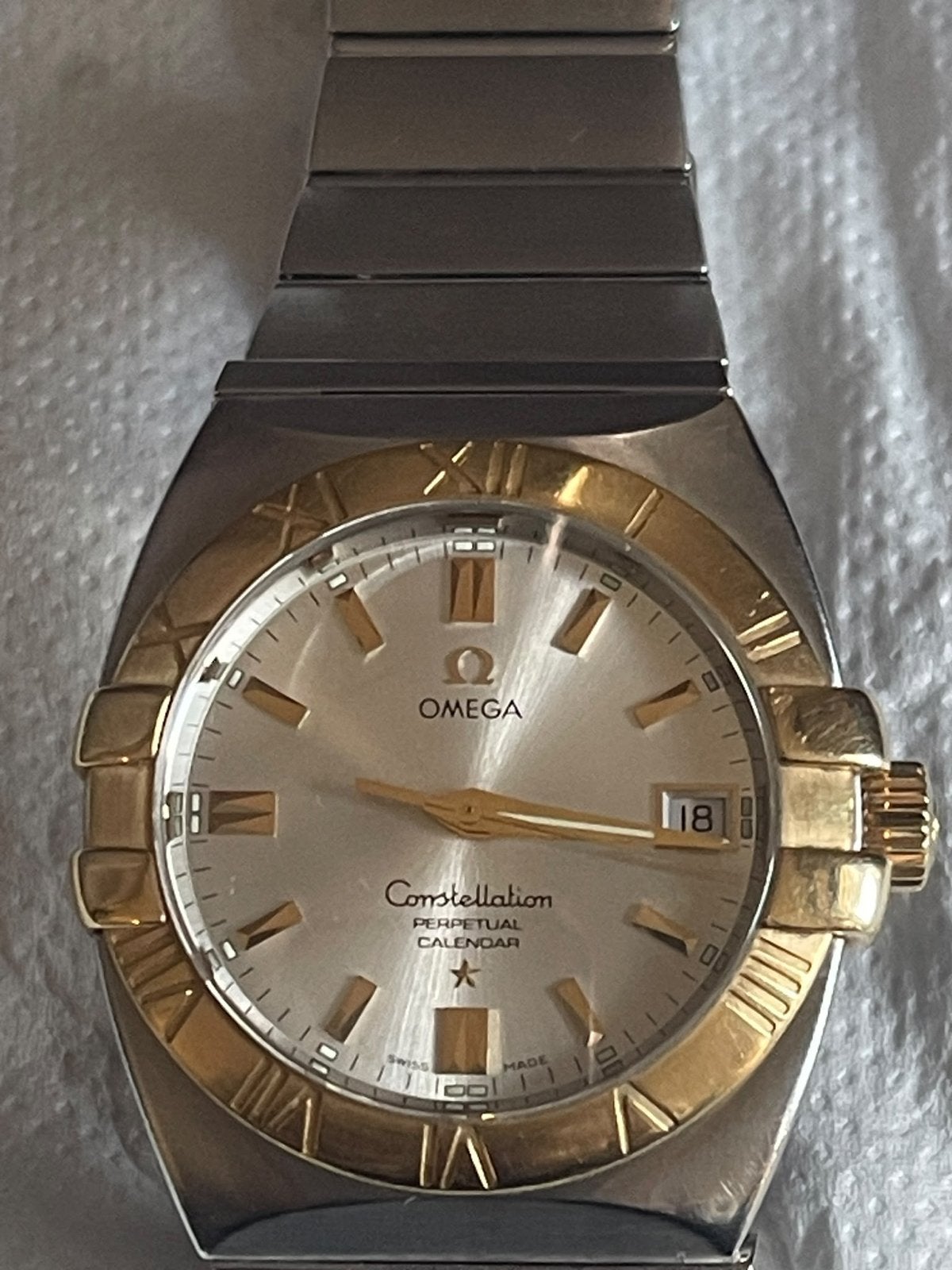 Omega Constellation 18 k Double Eagle Perpetual Calendar, Ophalen, Gebruikt, Staal, Polshorloge