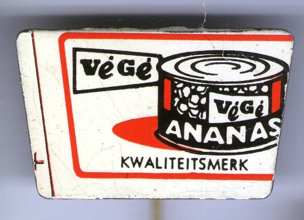 VéGé ananas blik misdruk speldje ( L_098), Verzamelen, Ophalen of Verzenden, Zo goed als nieuw, Transport, Speldje of Pin