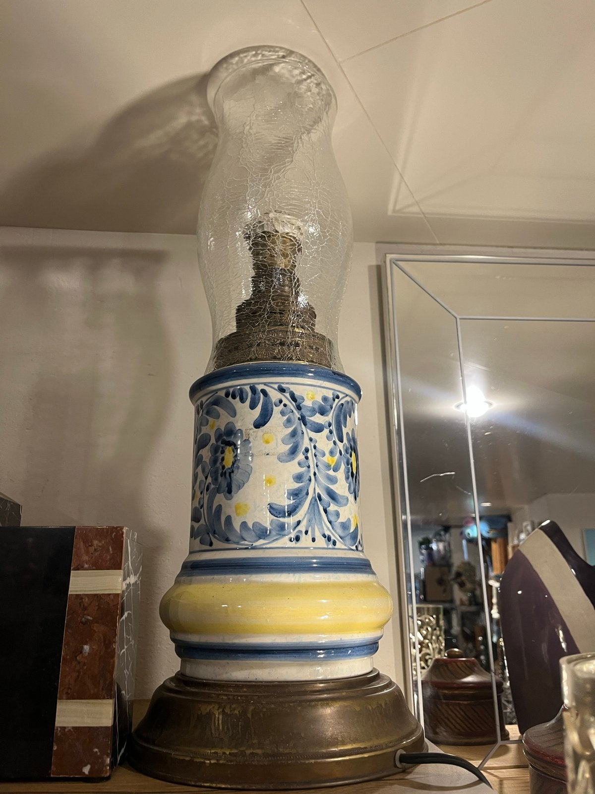 Vintage olielamp met fitting en Delftsblauwe voet, Antiek en Kunst, Ophalen of Verzenden