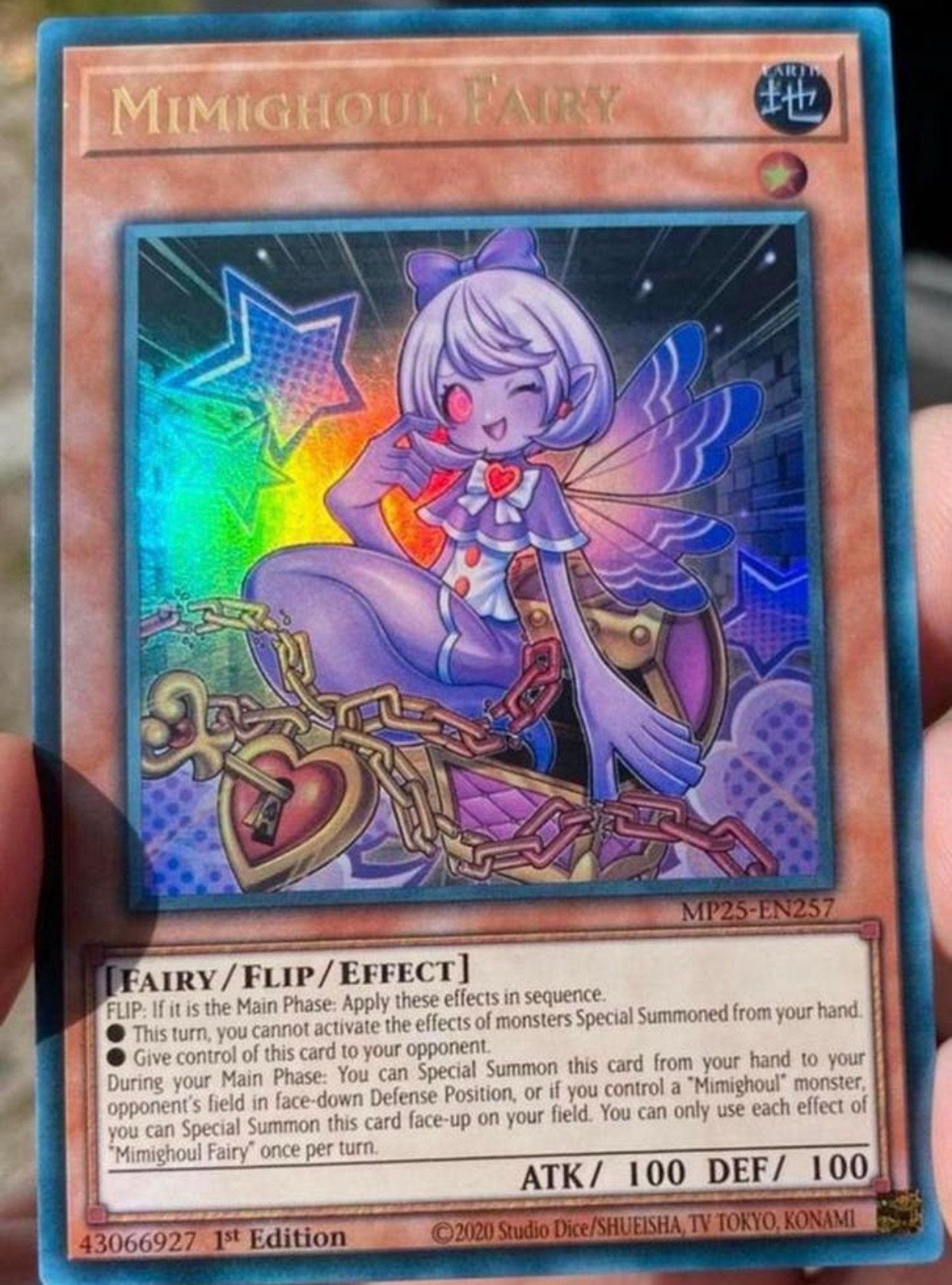 Yu-Gi-Oh! Mimighoul Fairy MP25 1st Edition !, Ophalen of Verzenden, Zo goed als nieuw, Losse kaart, Foil