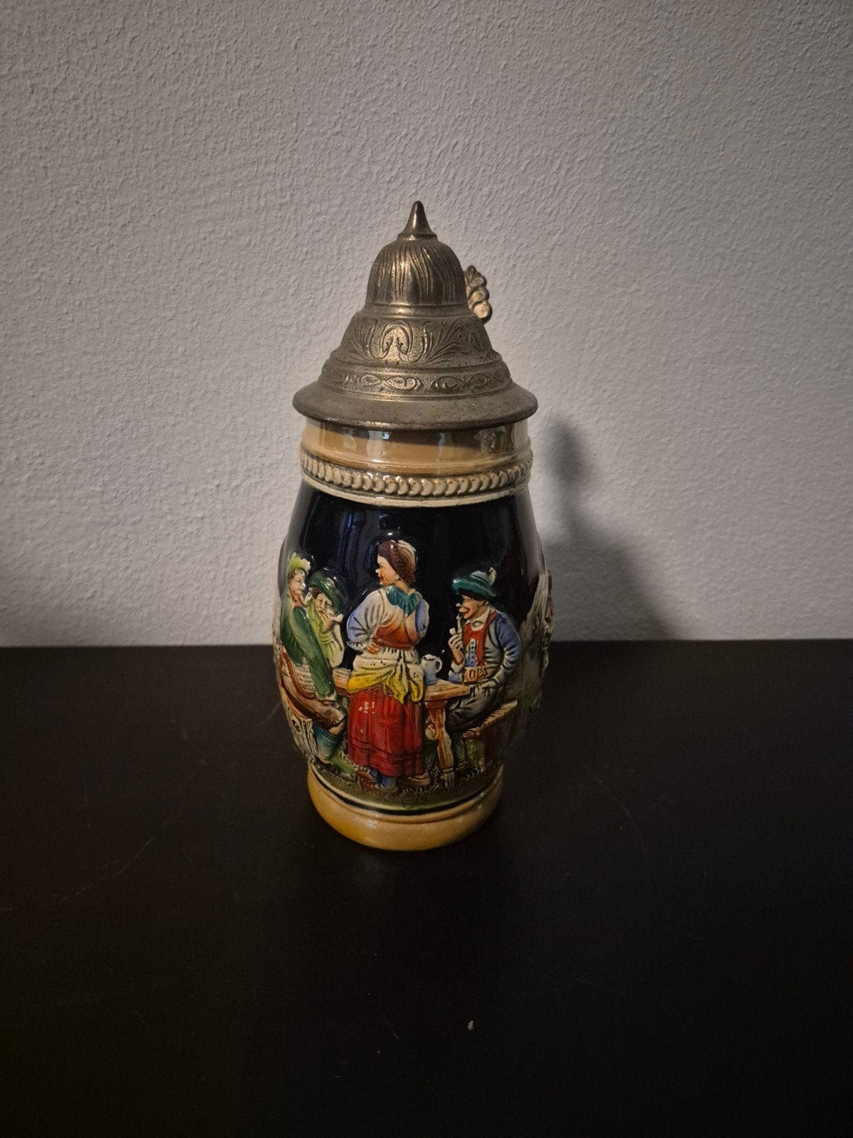 Vintage Duitse Bierpul met Tin Deksel - Handgeschilderd, Antiek en Kunst, Ophalen of Verzenden