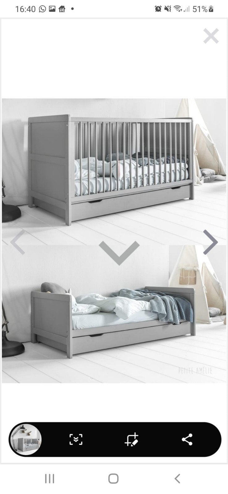 Grijs ledikant met lade en matras, om te bouwen tot bed, Kinderen en Baby's, Babywiegjes en Ledikanten, Ophalen