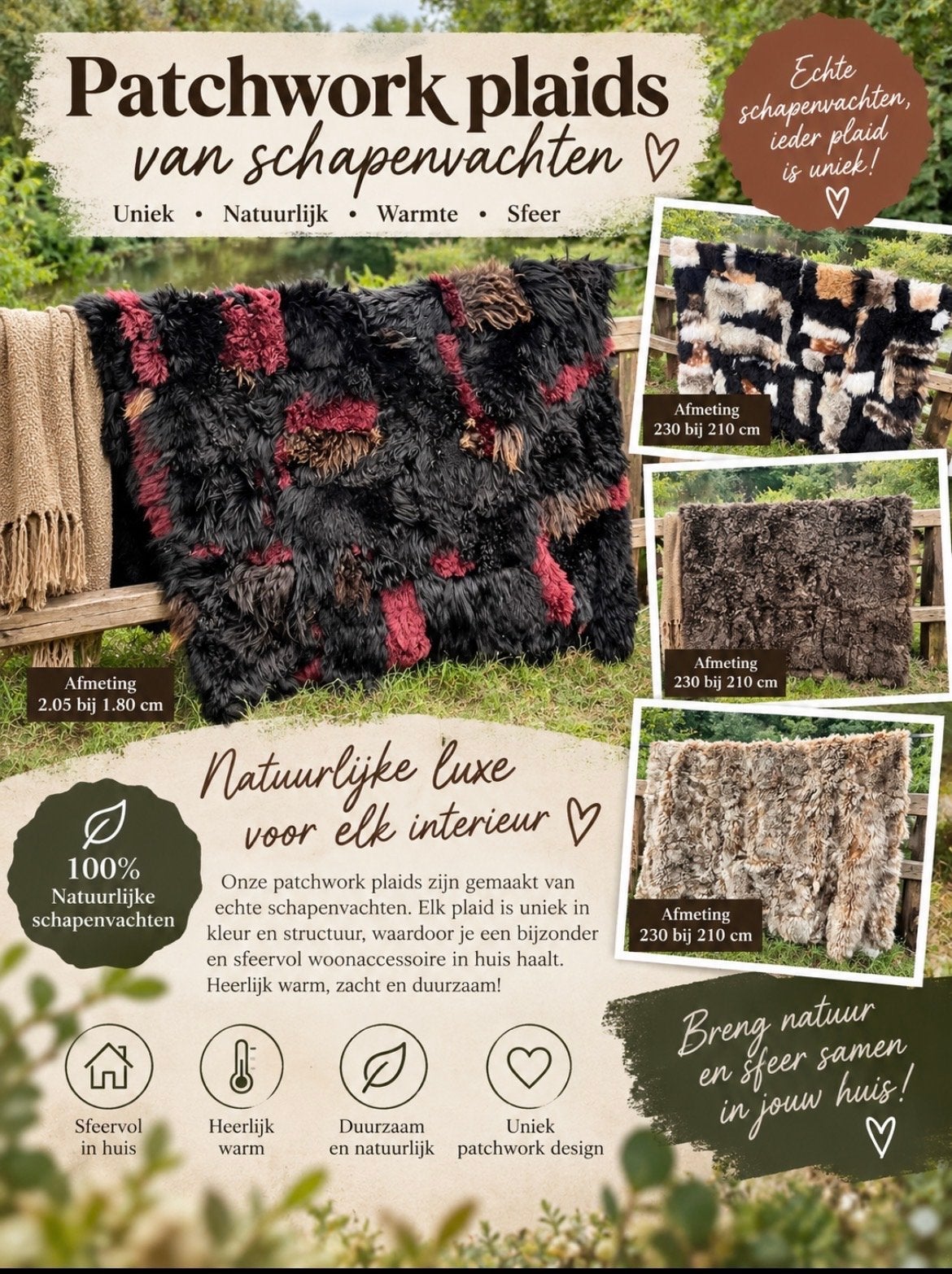 Unieke Patchwork Schapenvacht Plaids - Natuurlijke Luxe, Handgemaakt, Nieuw, Ophalen of Verzenden, Schapenvacht