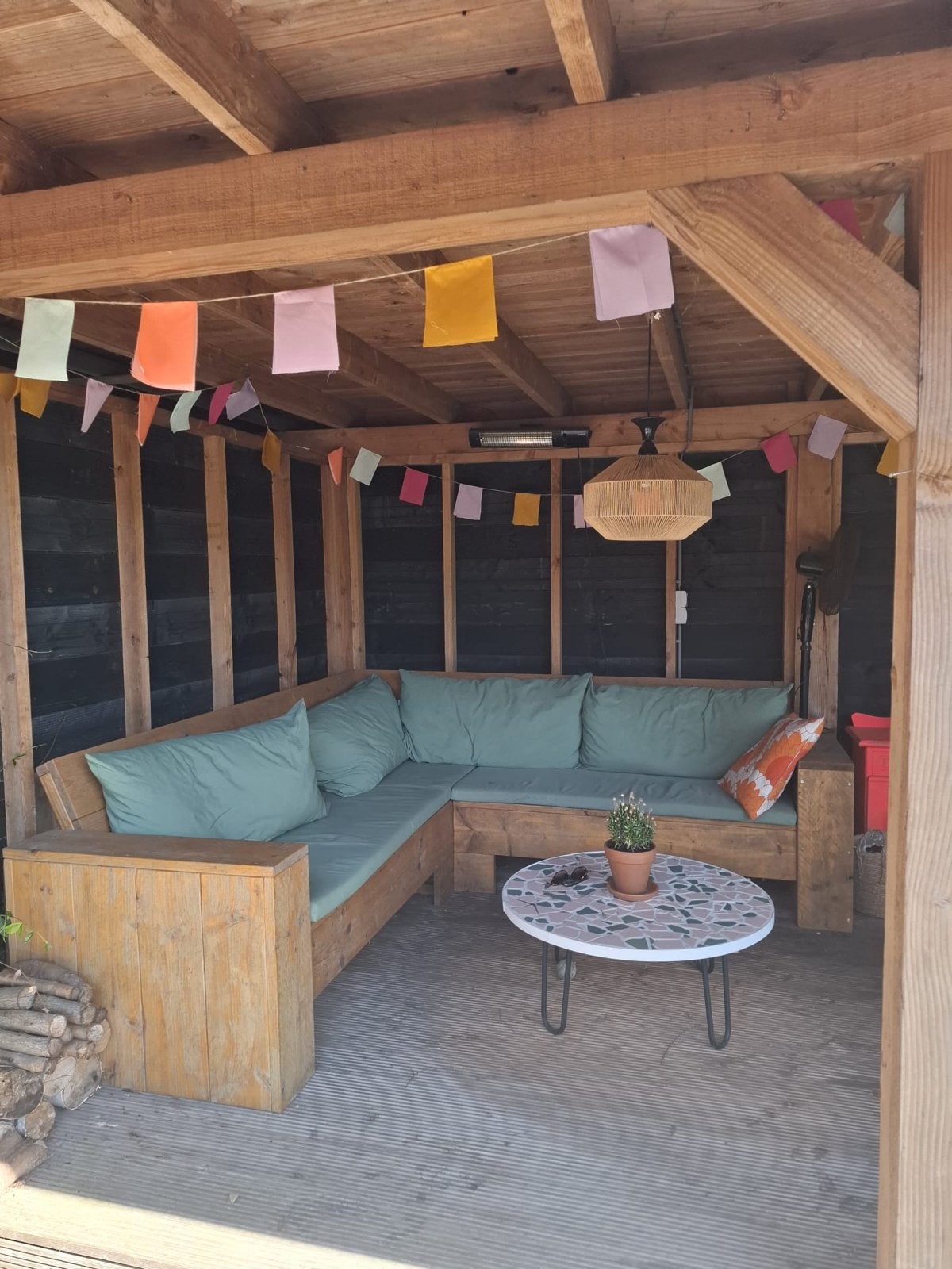 Steigerhouten loungeset met kussens, Ophalen, 5 zitplaatsen, Gebruikt, Steigerhout