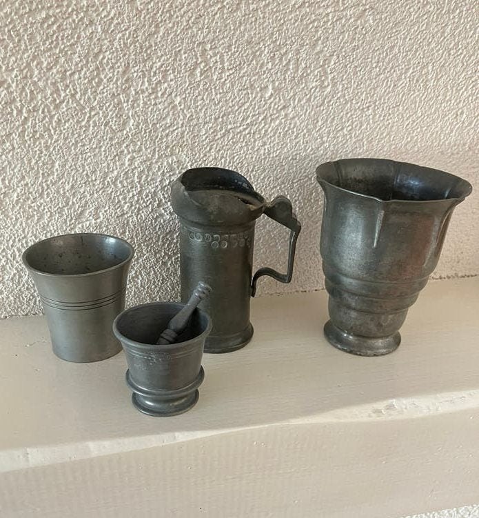 Set van 4 Antieke Tinnen Bekers en Mortier, Antiek en Kunst, Ophalen of Verzenden