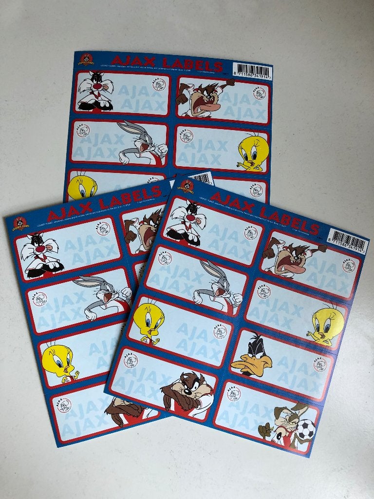 Schooletiketten AJAX met Looney Tunes, 3 vellen, origineel!, Diversen, Schoolbenodigdheden, Ophalen of Verzenden, Nieuw