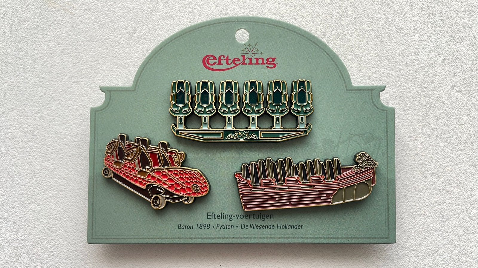 Efteling pin set Voertuigen EPP 473/474/475 op kaartje, Verzamelen, Efteling, Ophalen of Verzenden, Nieuw, Button of Speldje
