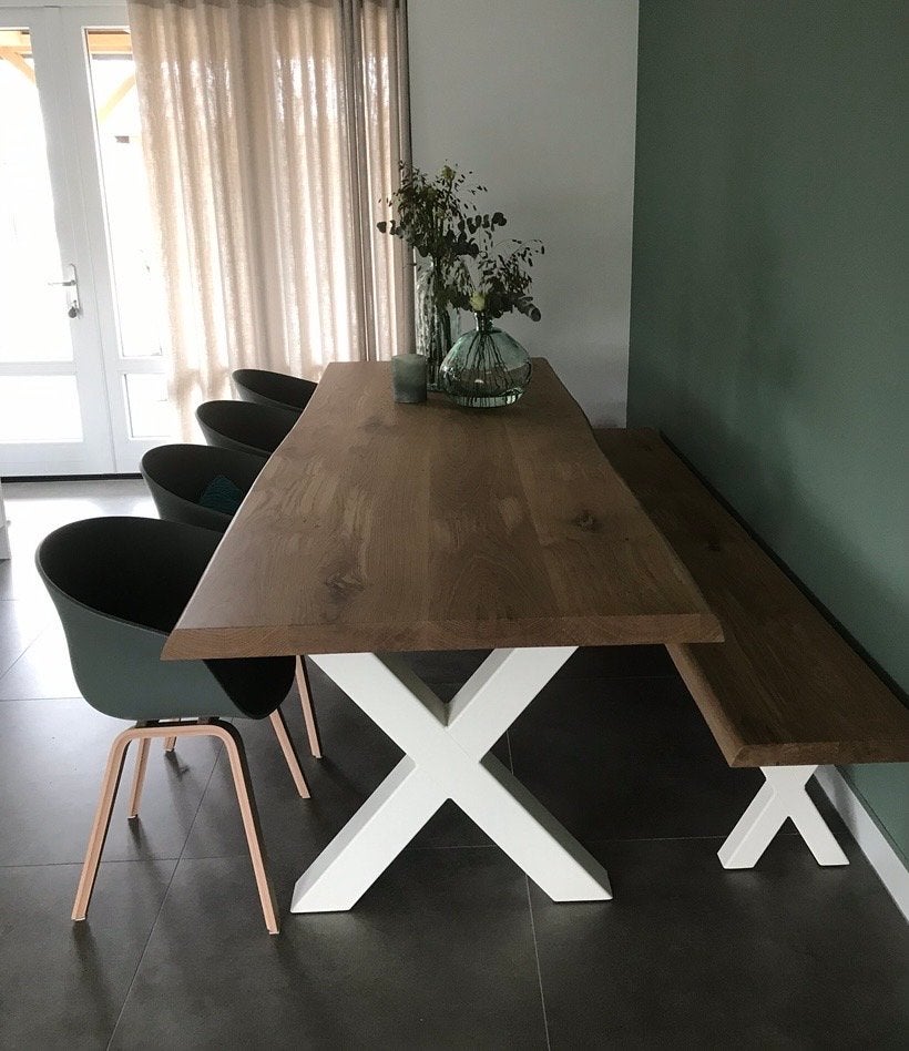 “Table du Sud” Eikenhouten Boomstam eettafel met bank, 100 tot 150 cm, Eikenhout, 200 cm of meer, Ophalen of Verzenden