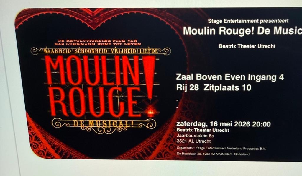 2 kaartjes Moulin Rouge Musical Za 16 mei, Tickets en Kaartjes, Theater | Musical, Twee personen, Mei