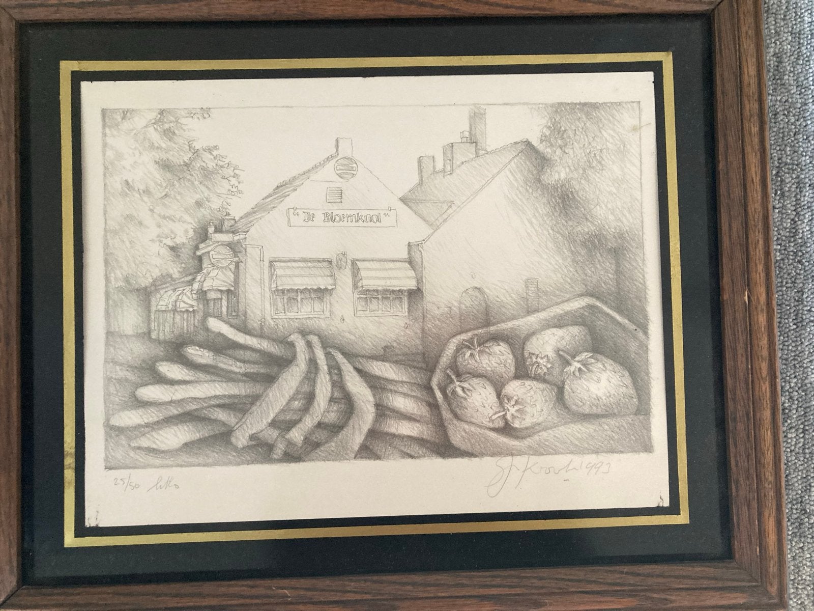 Ingelijste potloodtekening 'De Bloemkool' gesigneerd 1993, Antiek en Kunst, Kunst | Tekeningen en Foto's, Ophalen, Tekening, Potloodtekening