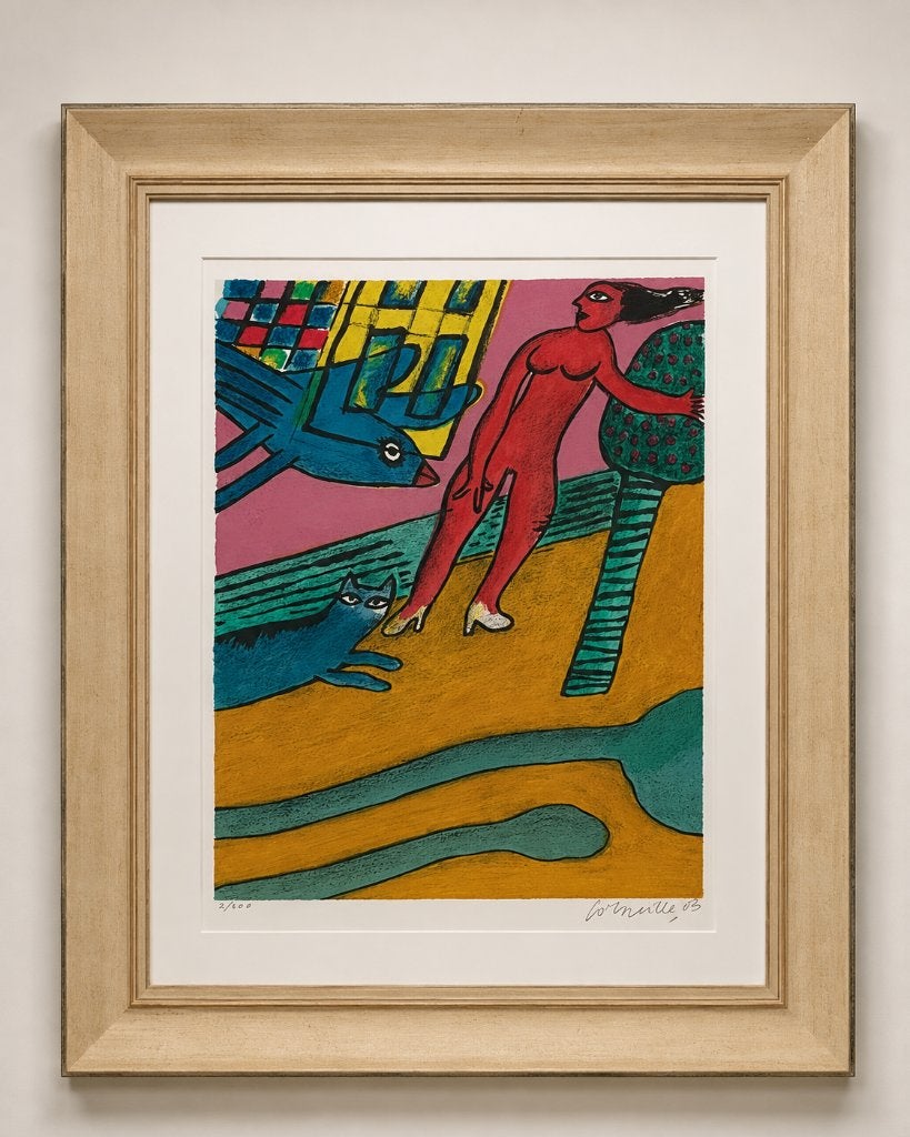 Corneille lithografie – Vrouw, kat en vogel, Antiek en Kunst, Abstract, Lithografie, Ingelijst, Ophalen of Verzenden