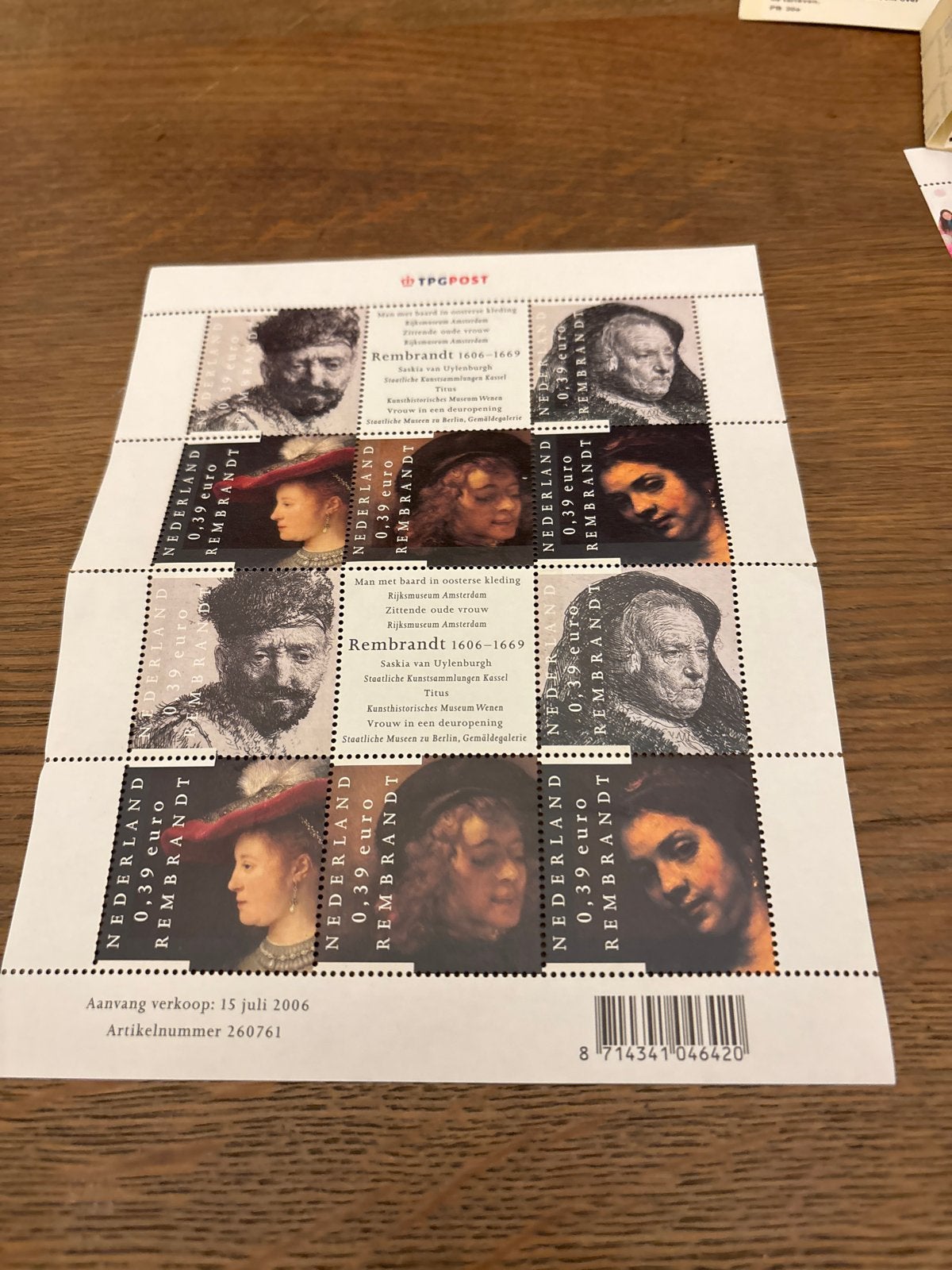 Postzegelvel Rembrandt 2006 - TPG Post, Ophalen of Verzenden, Na 1940, Postfris