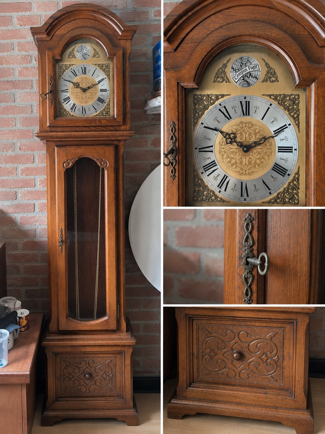Antieke houten staande klok – Tempus Fugit, Antiek en Kunst, Ophalen