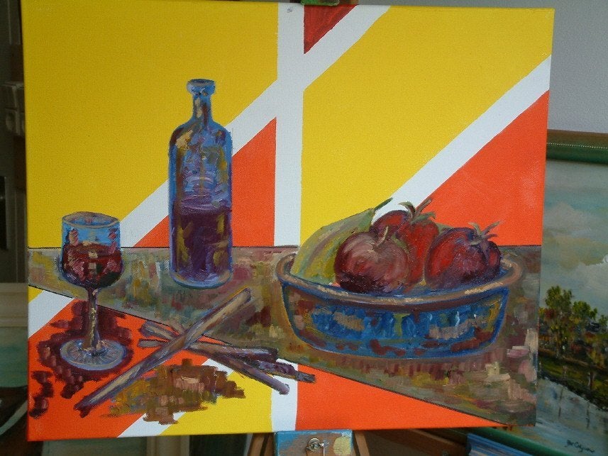 stilleven in acryl  verf 40 x50 cm schilderij met lijst, Antiek en Kunst, Acrylverf, Stilleven, Ophalen of Verzenden, Handgeschilderd
