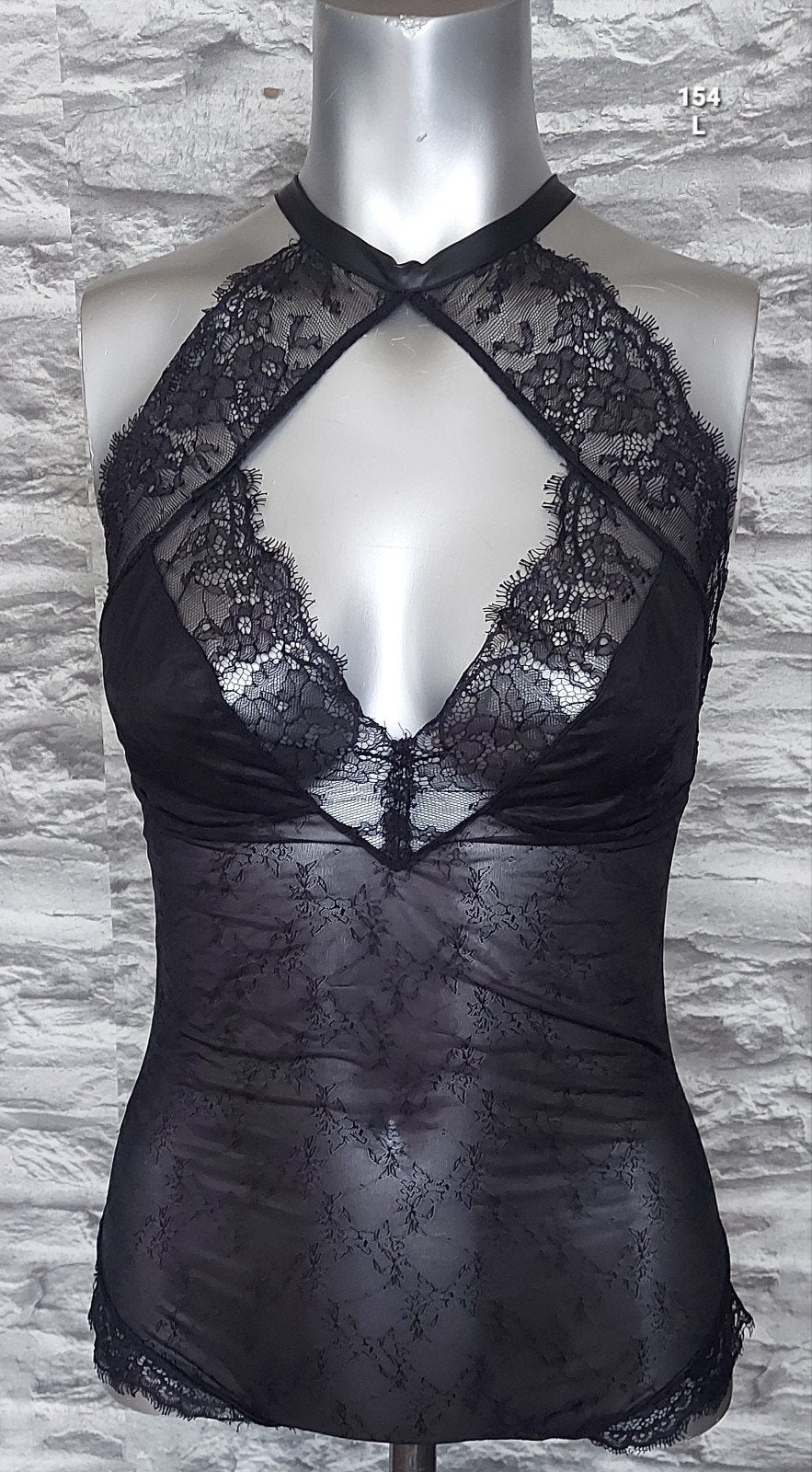Sexy Zwarte Kanten string Body met Open Rug en Halternek, Onbekend, Ophalen of Verzenden, Zwart, Body of Korset