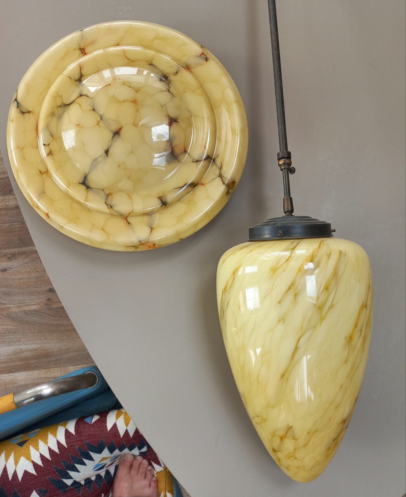Vintage Art Deco Plafondlamp en Hanglamp Set, Antiek en Kunst, Ophalen of Verzenden