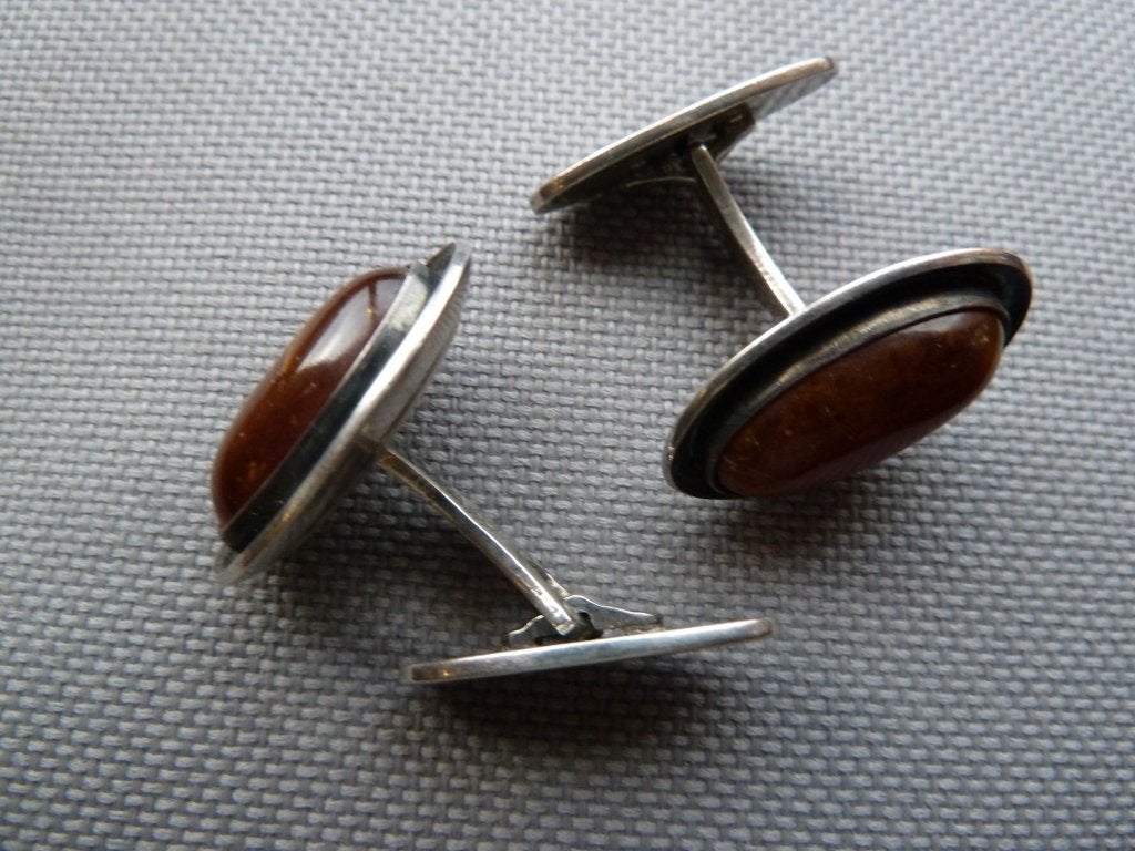 Niels Erik From, Denmark, zilveren manchetknopen + barnsteen, Verzenden, Zo goed als nieuw, Zilver