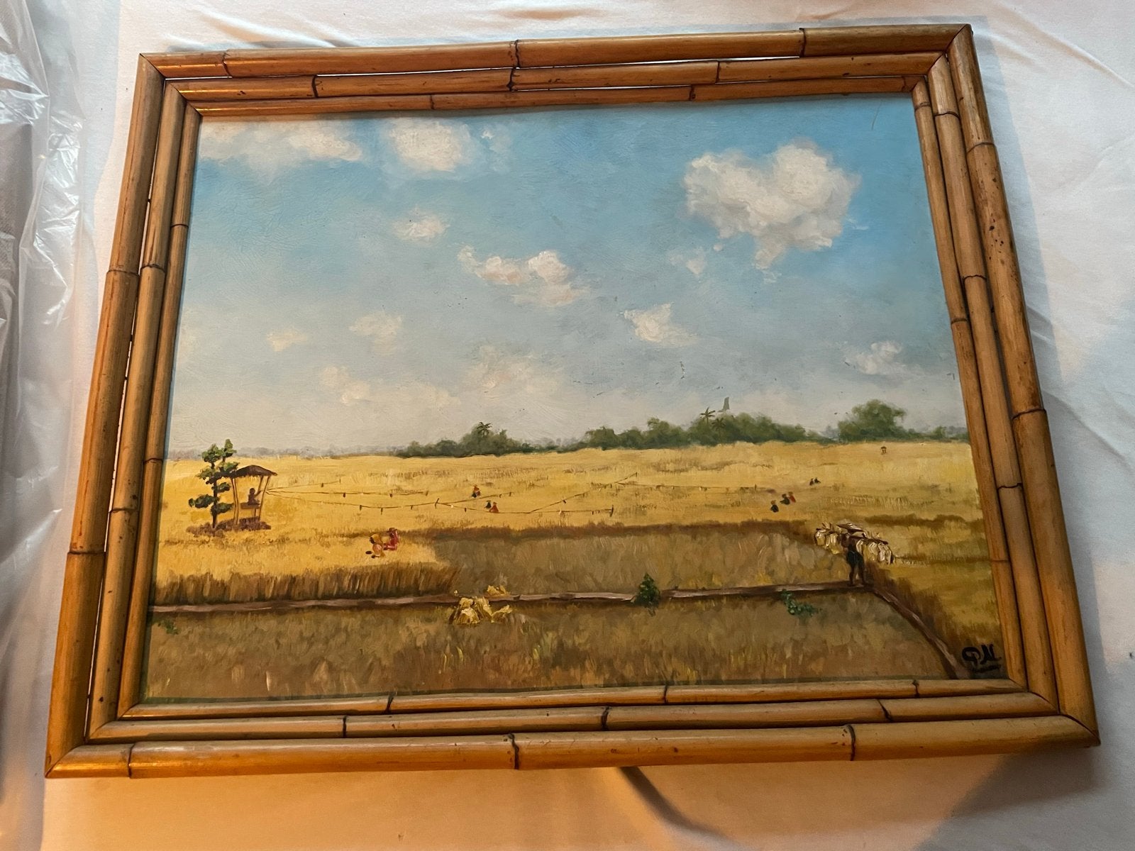 Olieverfschilderij: Aziatisch Landschap met Rijstvelden, Doek, Realistisch, Ophalen of Verzenden, Landschap