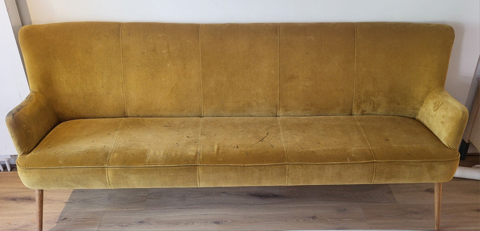Okergeel velours bankje van Eijerkamp, Ophalen, Gebruikt, Minder dan 75 cm, Stof