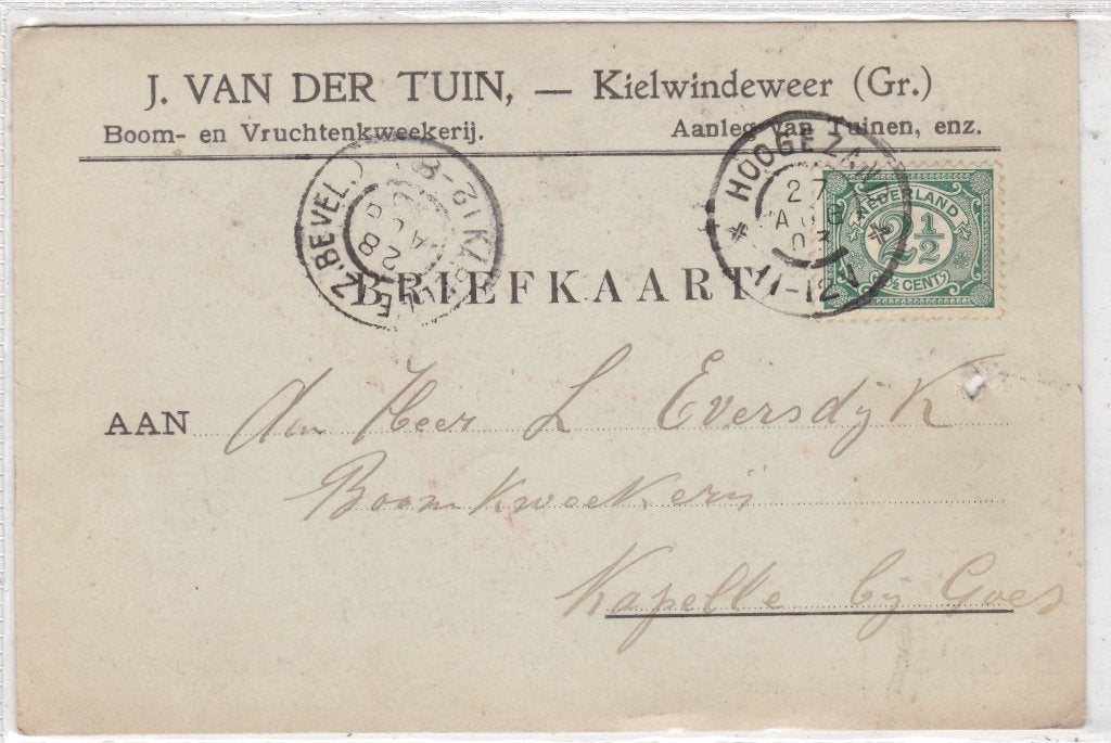 Kielwindeweer [Gr.]-Briefkaart J. van der Tuin 1903, Verzenden, Voor 1920, Gelopen, Groningen