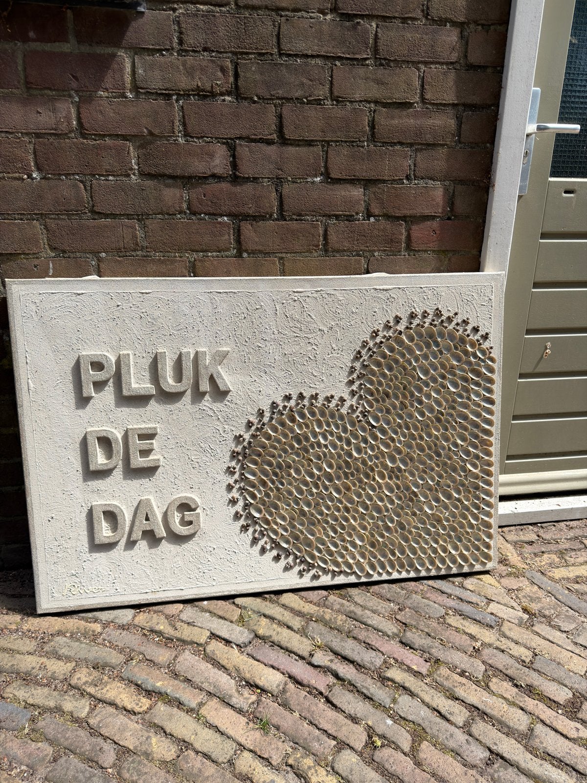 Uniek 3D-kunstwerk 'Pluk de Dag' met schelpen, Ophalen, Overige stijlen, Doek, Gesigneerd