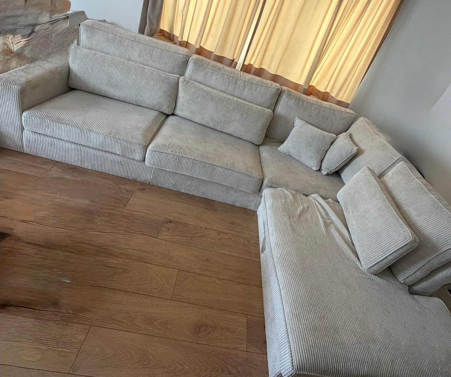 Comfortabele Hoekzetel - Ribstof beige, Huis en Inrichting, Banken | Bankstellen, Ophalen, 250 tot 300 cm, Gebruikt, 100 tot 125 cm