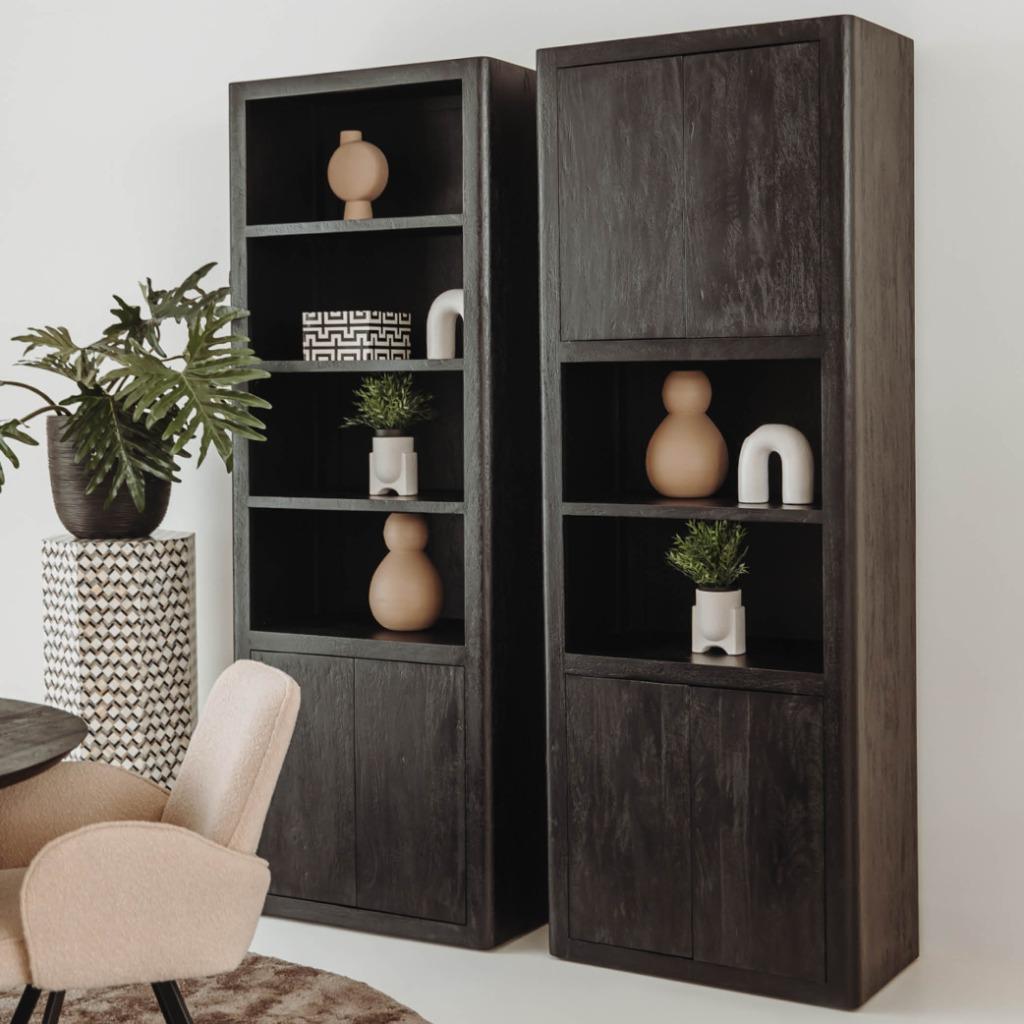 Kast opbergkast boekenkast Thuur zwart mango hout, Teakhout, Landelijk hotel chic, 25 tot 50 cm, Nieuw