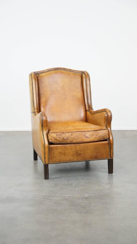 Comfortabele, cognac-kleurige vintage schapenleren fauteuil, Ophalen, Gebruikt, ., Vintage