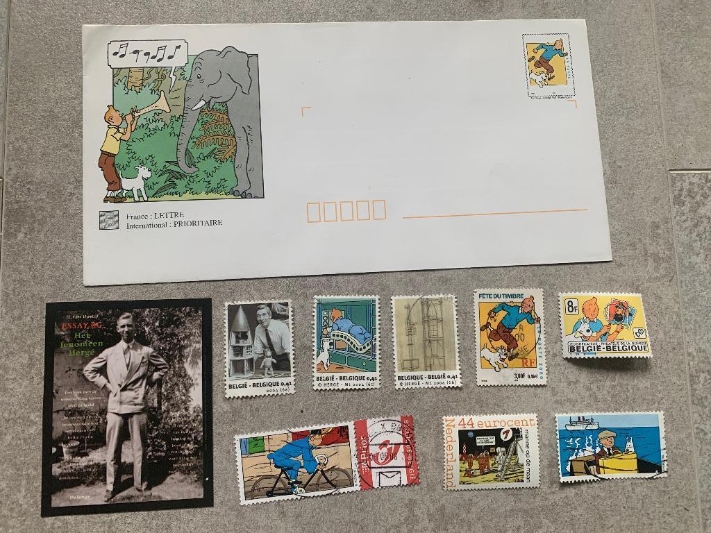 Kuifje postzegels + envelop, Ophalen of Verzenden, Kuifje, Gebruikt, Plaatje, Poster of Sticker