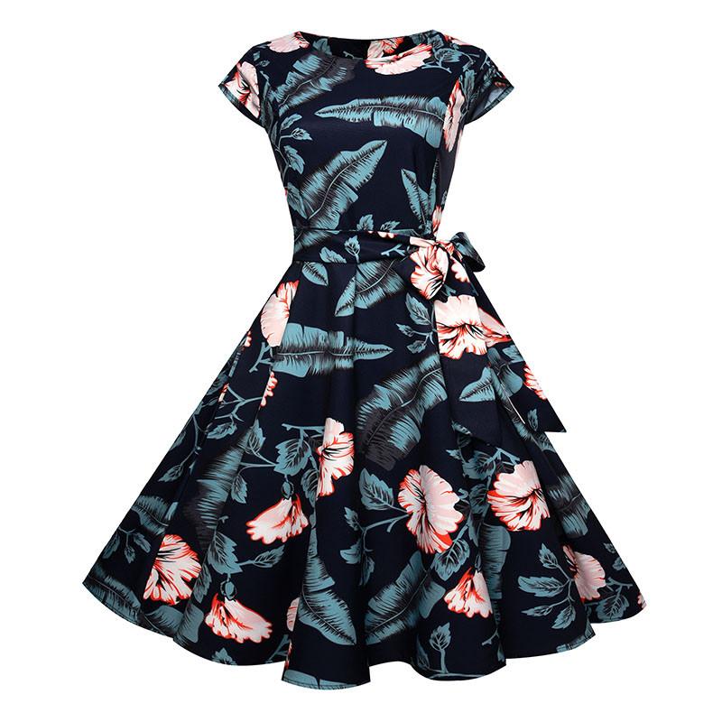 Blauwe vintage bloemen jurk rockabilly dames vrouwen, Maat 38/40 (M), Nieuw, Knielengte, Verzenden