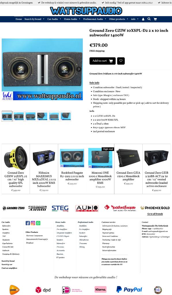 Ground Zero GZIW 10XSPL-D2 2 x 10 inch subwoofer 1000W RMS, Ophalen of Verzenden, Zo goed als nieuw, Erlenweg 25, 85658 Egmating, Germany.