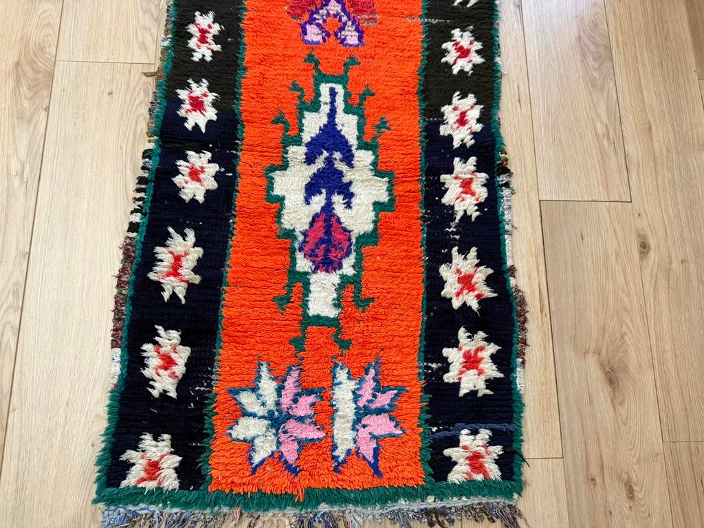 Handgeknoopt vintage tapijt 274x75 cm kleurrijk boho design, Info@bababoho.com, Zo goed als nieuw, Zwart, Handmade Handknotted carpet wool Maroccan design rug