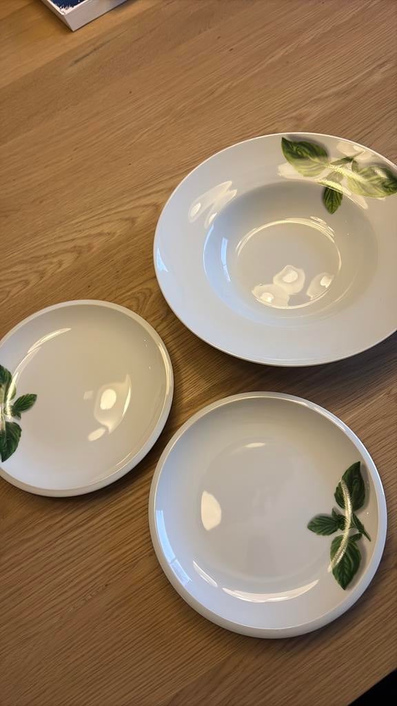 Basilicum pasta schaal en 2 borden, Ophalen of Verzenden, Zo goed als nieuw, Overige stijlen, Bord(en)