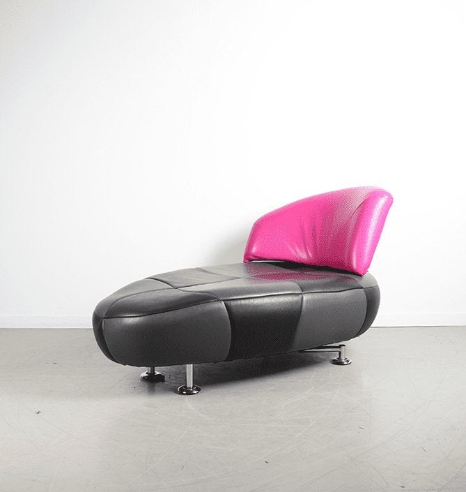 Leolux Kikko Chaise Longue Fauteuil Zwart/Grijs/Roze Leer, Leolux, Zo goed als nieuw, Niet ingevuld, Niet ingevuld