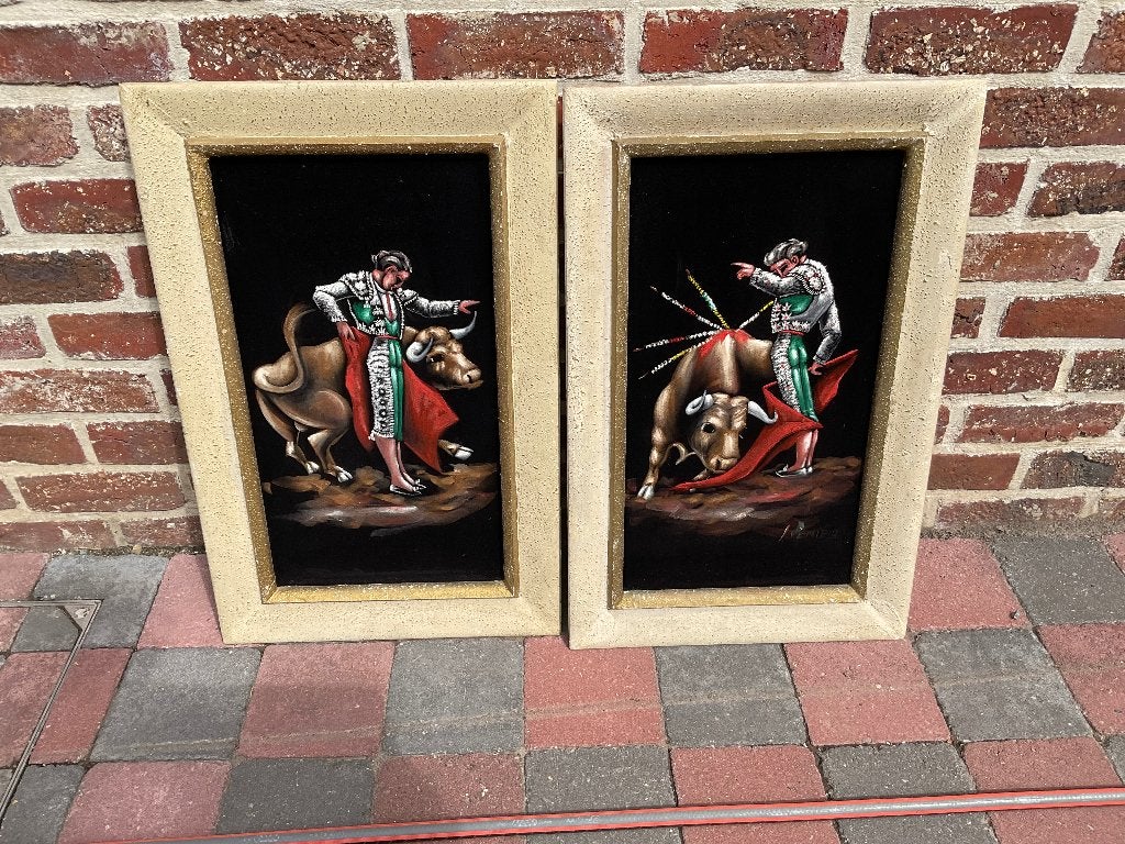 Set van 2 Vintage Stierenvechter Schilderijen op Fluweel, Handgeschilderd, Portret of Personen, Realistisch, Overige ondergronden
