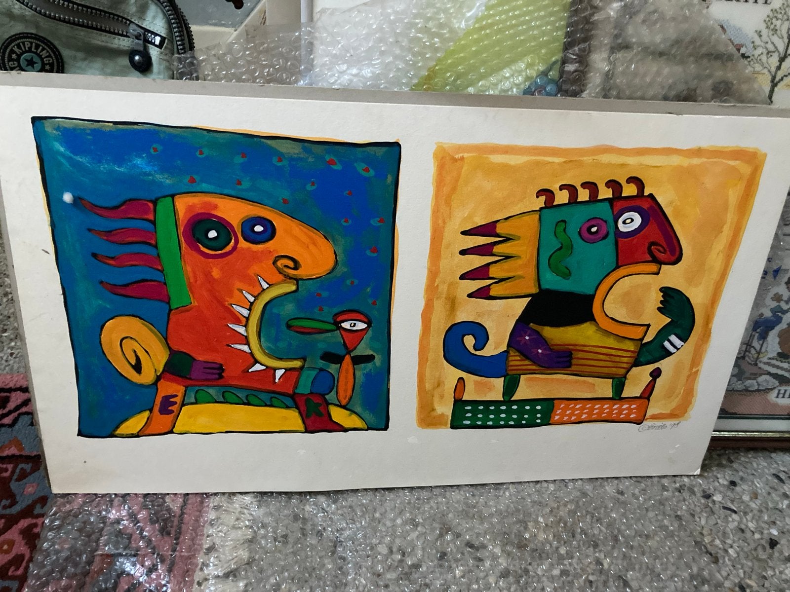 Abstracte kunst: Kleurrijke figuren, gesigneerd '98, Antiek en Kunst, Ophalen, Gouache, Gedateerd, Abstract