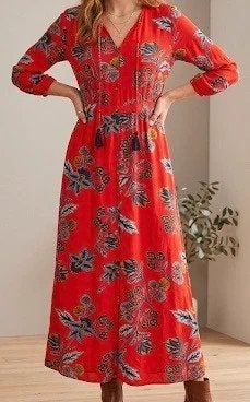 Rode Boho Maxi-jurk met Bloemenprint en Kwastjes, Maat 42/44 (L), Ophalen of Verzenden, Rood, Gedragen
