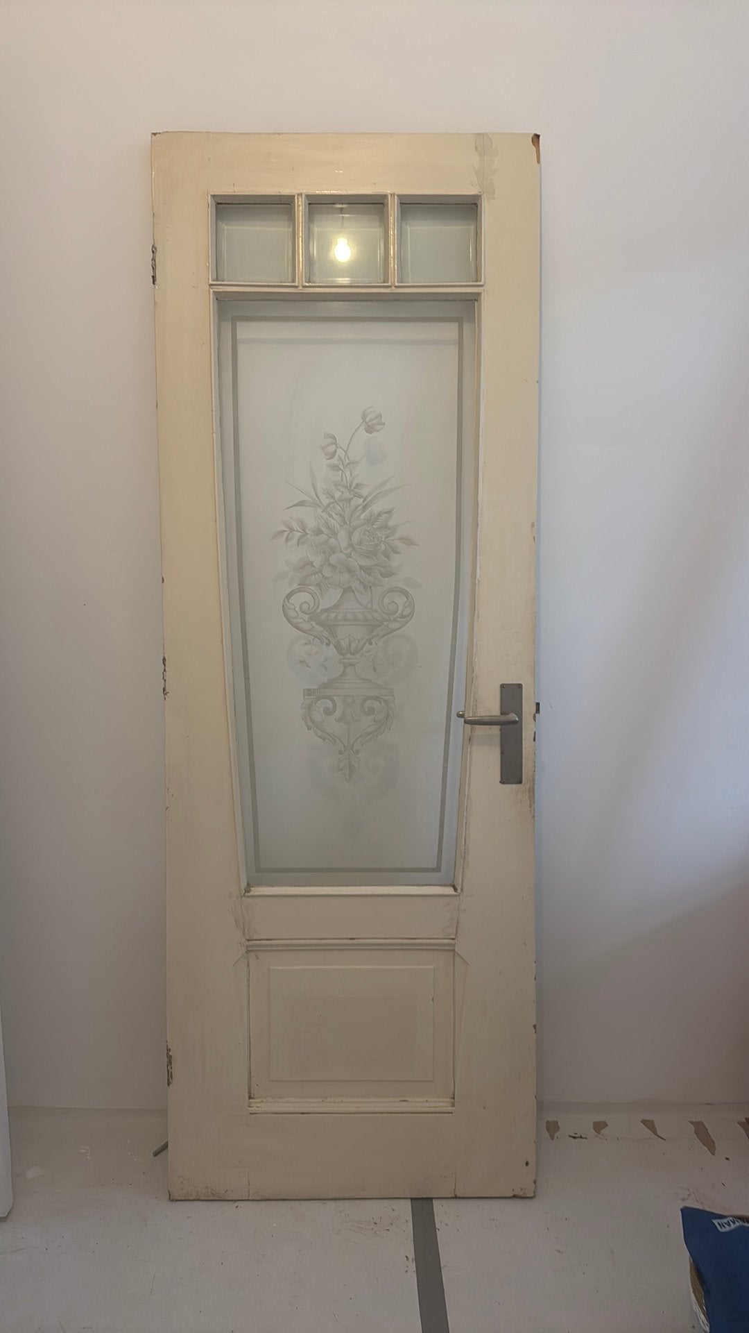 Paneel deur geëtst glas 77 * 218 * 4cm, Doe-het-zelf en Verbouw, Deuren en Horren, Ophalen, Minder dan 80 cm, Binnendeur, 200 tot 215 cm
