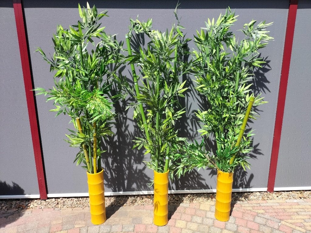 3 bamboe vazen met kunst bamboe 180 - 190 cm hoog vaas 50cm, Ophalen, Gebruikt